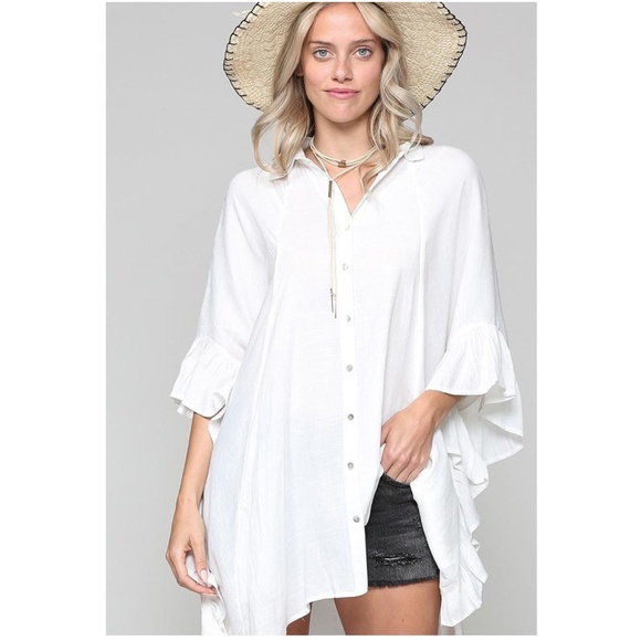 034 solid Oversized Button up Pocket Ruffle Sleeve Blouse - Picture 3 of 7